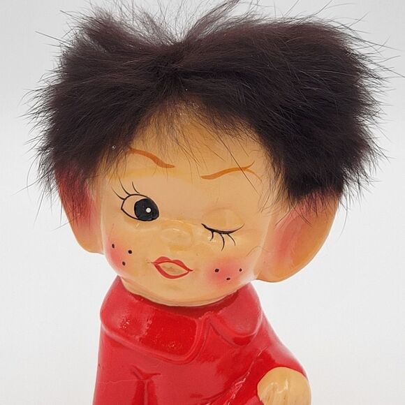 RARE Pristine 1950's Winking Red Pixie Elf Pointy Ear Real Fur Hair Figurine - Picture 2 of 14